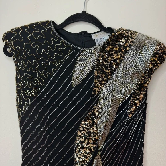 Authentic Vintage 20s Flapper 100% Silk Beaded Gold Black Flower Appliqué Dress